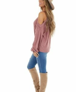La Miel Mauve Cold Shoulder Long Sleeve Top With Raw Seam Detail Tops