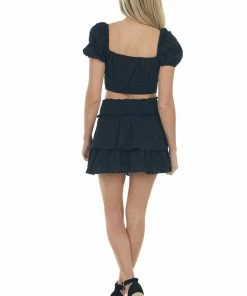 HYFVE Black Lace Skirt And Cropped Blouse Set Tops