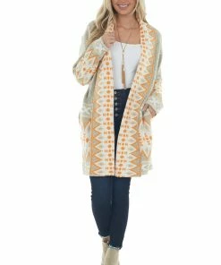 BiBi Latte Aztec Print Open Front Cardigan Tops