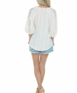 Davi & Dani Pearl Split Neck Blouse With Crochet Sleeves Tops