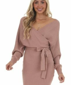 Style Melody Dresses Dusty Rose Surplice Ribbed Knit Sweater Dress