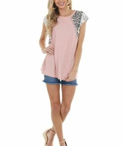 Vanilla Bay Dusty Blush Swiss Dot Knit Top With Multiprint Short Sleeves Tops