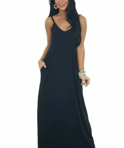 ZENANA Dresses Black Sleeveless Knit Maxi Dress With Pockets