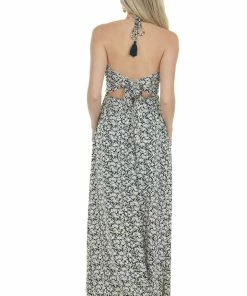 Entro Black Ditsy Floral Halter Tie Maxi Dress