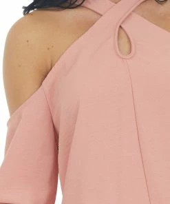 143 Story Hazy Coral Cold Shoulder Long Sleeve Top With Crossed Neck
