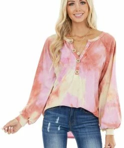 BiBi Dark Coral Tie Dye Knit Top With Long Bubble Sleeves Tops