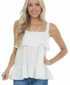 Entro Off White Woven Tank Top With Ruffle Details Tops