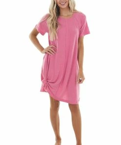 Ces Femme Heathered Hibiscus Short Swing Dress With Raw Edge Details