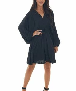 Peach Love Black Pleated Bubble Sleeve V Neck Short Dress Dresses