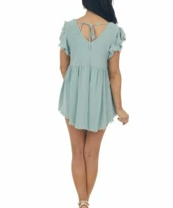 Jodifl Faded Sage Flutter Sleeve Top With Fray Detail Tops