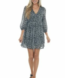 Umgee Dresses Black And Ivory Floral Long Sleeve Woven Dress