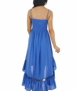 Main Strip Royal Blue High Low Midi Dress With Tie And Peekaboo Details Dresses