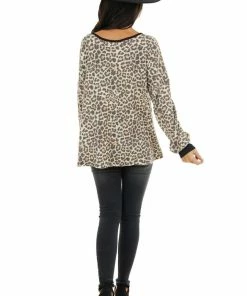 Lovely Melody Tops Cream And Charcoal Leopard Print Knit Top With V Neckline