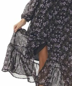 143 Story Dresses Cocoa Brown Floral Bubble Sleeve Midi Dress