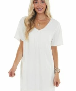 BiBi Dresses Off White V Neck Mini Dress With Short Sleeves