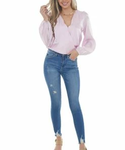 Entro Tops Dusty Blush Surplice Shimmery Bodysuit