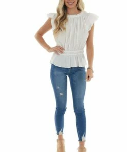 Grade & Gather Ivory Ruffle Cap Sleeve Cinch Waist Blouse