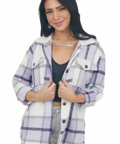 Blue B Tops Lavender Plaid Soft Shirt Jacket With Pockets