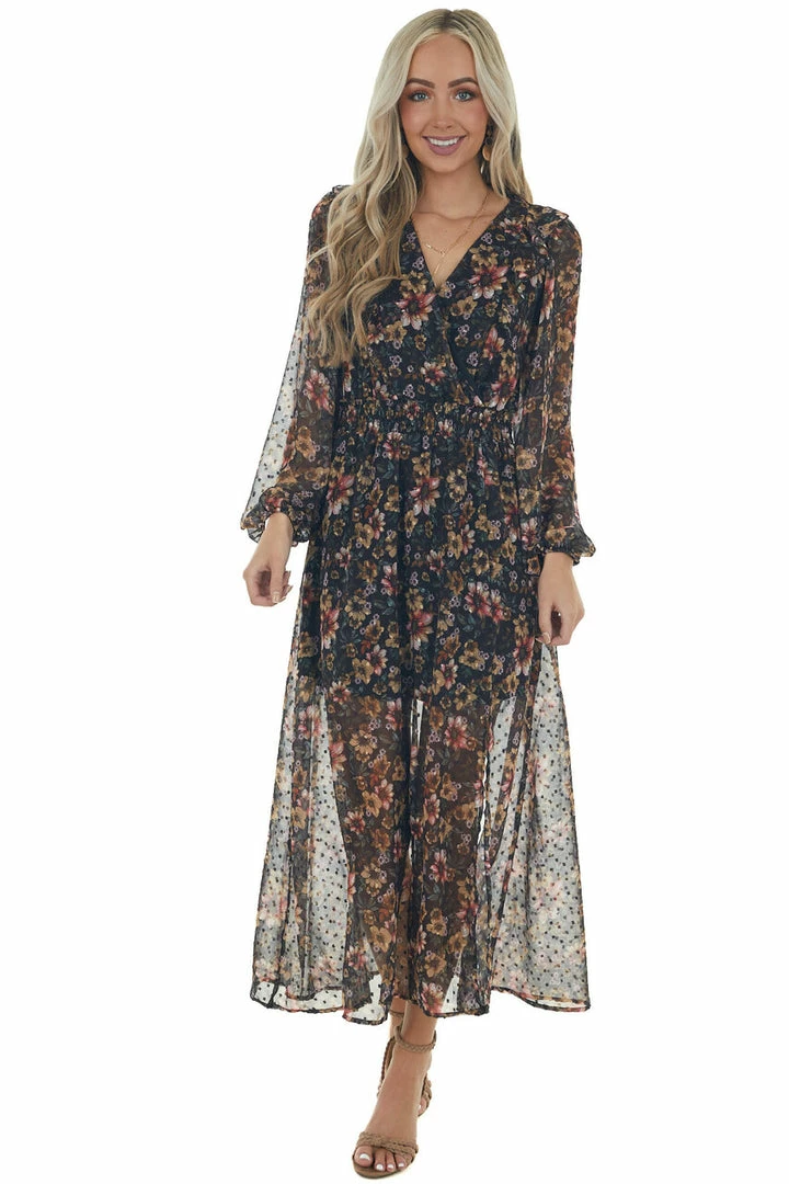 Peach Love Mustard Floral Swiss Dot V Neck Maxi Dress Dresses 12 Peach Love Mustard Floral Swiss Dot V Neck Maxi Dress Dresses