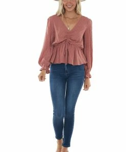 L Love Tops Terracotta Swiss Dot Ruched Puff Sleeve Blouse 31 L Love Tops Terracotta Swiss Dot Ruched Puff Sleeve Blouse