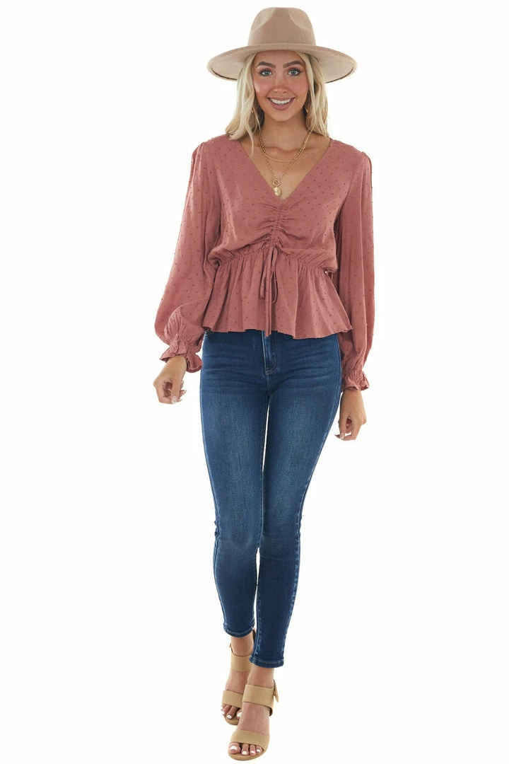 L Love Tops Terracotta Swiss Dot Ruched Puff Sleeve Blouse 16 L Love Tops Terracotta Swiss Dot Ruched Puff Sleeve Blouse