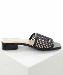 FORTUNE DYNAMIC Black Loose Woven Strap Slip On Sandals With Low Heel