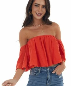 Fantastic Fawn Tops Dynamite Off The Shoulder Woven Flowy Crop Top