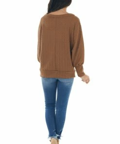 143 Story Tops Sepia Textured Knit Banded Dolman Sleeve Top