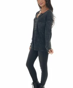 BiBi Tops Charcoal Washed Thermal Knit Chest Pocket Top 22 BiBi Tops Charcoal Washed Thermal Knit Chest Pocket Top