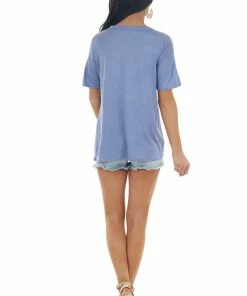 BiBi Tops Dusty Blue Short Sleeve Knit Top With Caged Neckline