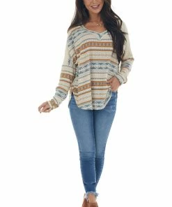 Ces Femme Oatmeal Aztec Print Long Sleeve Knit Top