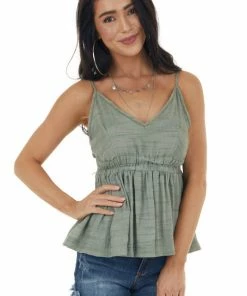 Mustard Seed Sage Sleeveless Open Back Tie Blouse With Cut Out Trim Tops