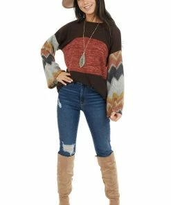 RAE MODE Chocolate Brown And Marsala Knit Top With Aztec Print Sleeve Tops 32 RAE MODE Chocolate Brown And Marsala Knit Top With Aztec Print Sleeve Tops