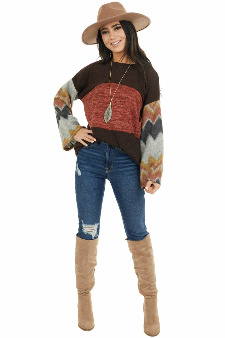 RAE MODE Chocolate Brown And Marsala Knit Top With Aztec Print Sleeve Tops 17 RAE MODE Chocolate Brown And Marsala Knit Top With Aztec Print Sleeve Tops