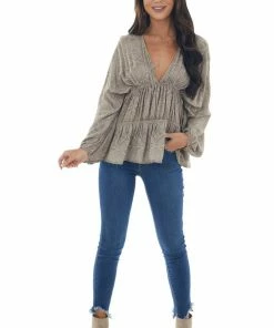 BucketList Taupe Tribal Print Babydoll Bubble Sleeve Top