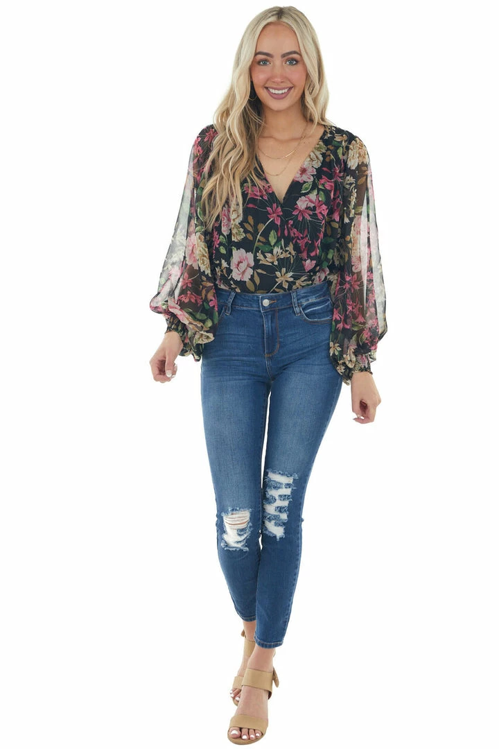 Flying Tomato Tops Black Floral Surplice Bubble Sleeve Bodysuit 15 Flying Tomato Tops Black Floral Surplice Bubble Sleeve Bodysuit