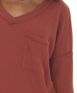 Reborn J Tops Rust V Neck Waffle Knit Top With Chest Pocket