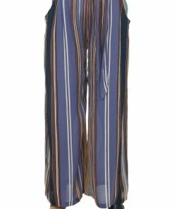 ANGIE Dusty Blue Striped Pants With Elastic Waist Bottoms