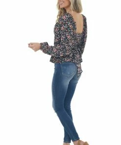 Entro Tops Black Floral Print Bubble Sleeve Peplum Blouse