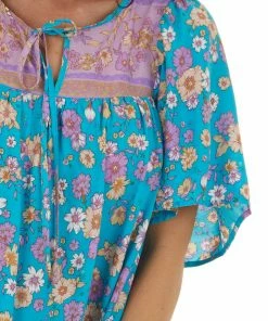 Umgee Dresses Teal Floral Print Short Dress With Front Tie