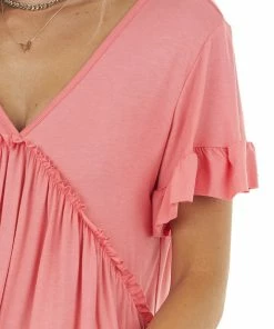 HEIMISH Coral Babydoll V Neck Knit Top With Short Sleeves Tops