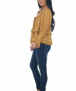 Peach Love Marigold Floral Print Bubble Sleeve Blouse 32 Peach Love Marigold Floral Print Bubble Sleeve Blouse