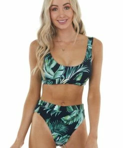 Beach Joy Bikini Black Tropical Print High Waisted Ribbed Knit Bikini Set Accessories
