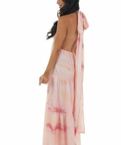 Honey Peach Dresses Cherry Blossom Tie Dye Halter Neck Maxi Dress