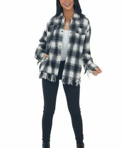 143 Story Ivory Plaid Shirt Jacket With Fringe Details
