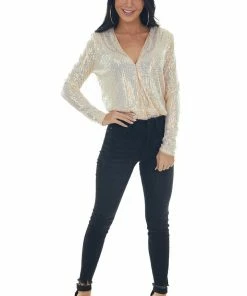 Lush Clothing Champagne Sequined Bodysuit With Shoulder Pads
