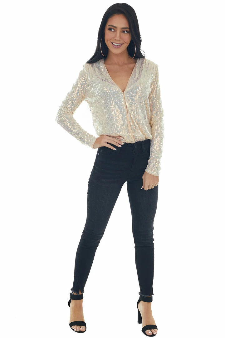 Lush Clothing Champagne Sequined Bodysuit With Shoulder Pads 4 Lush Clothing Champagne Sequined Bodysuit With Shoulder Pads