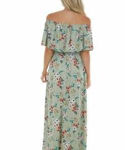 Celeste Design Sage Floral Print Off The Shoulder Maxi Dress