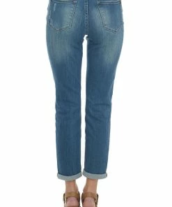 Judy Blue Medium High Rise Shredded Knee Boyfriend Jeans