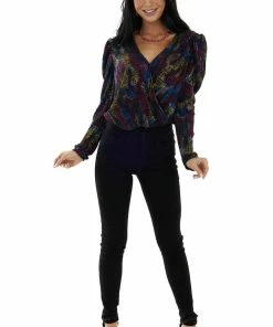 Flying Tomato Black Multicolored Print Surplice Bodysuit Tops